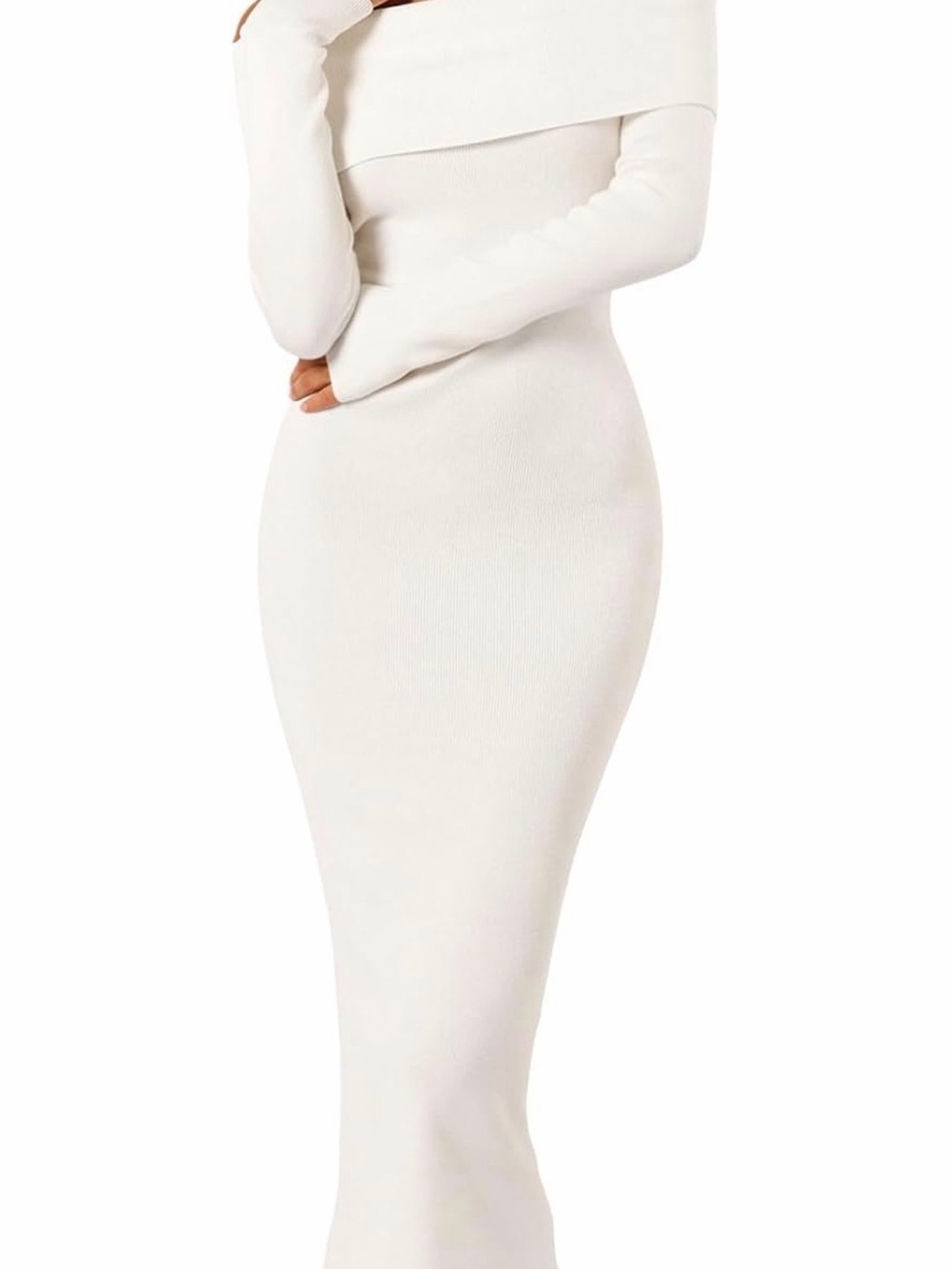 Off-Shoulder Long Sleeve Bodycon Maxi Sweater Dress in Cream